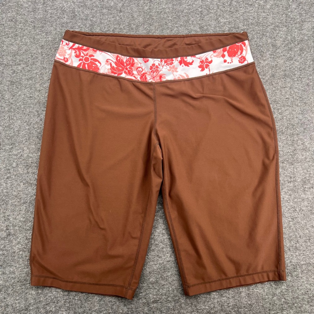 Brown Floral Waistband Bike Shorts 2x High Rise Bermuda‎ Athletic Yoga Shorts